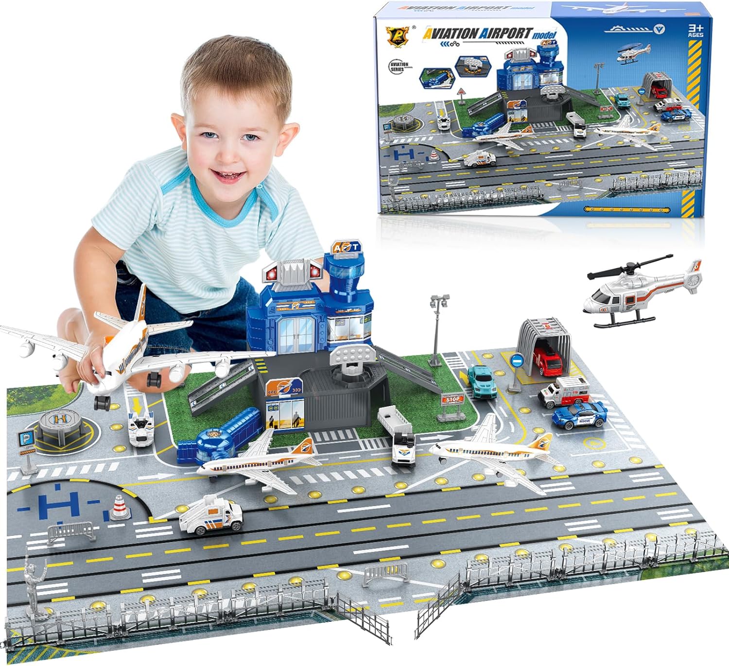 Kids Toys Xmas - 子供用空港シーンおもちゃセット、車、ヘリコプター、飛行機、タワー、空港プレイマット、輸送用航空機モデル付き、3～12歳のお子様に最適、誕生日プレゼント、クリスマスプレゼント、新年の贈り物に。