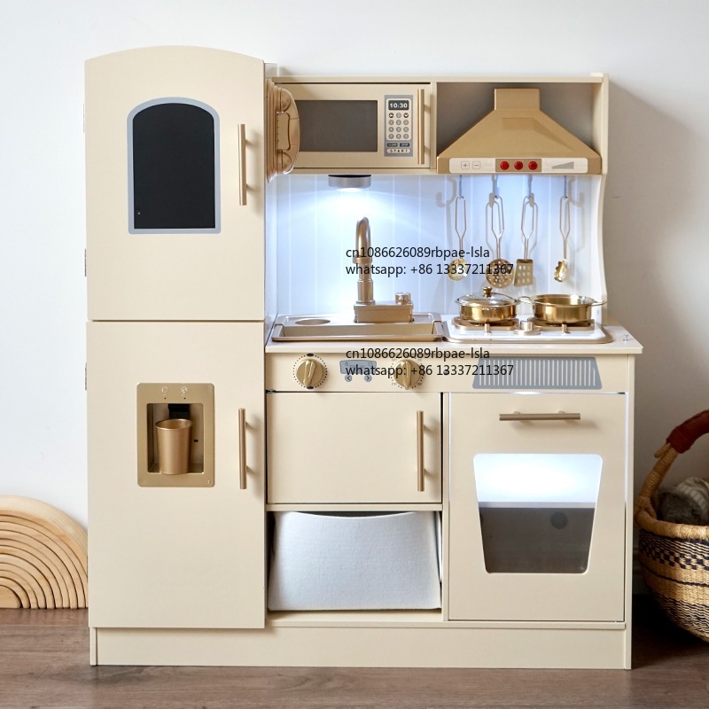 木製ごっこ遊びクッキングセット、リアルな光と音の電子レンジシ - Kids Toys Kitchen Set のレビューと価格